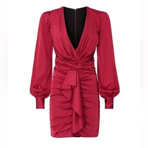PatBO Ruched Bodycon Long Sleeve Mini Dress Ruffle Sheath Red Pink V-Neck size 6
